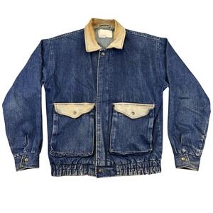 Vintage New Accents Jacket Mens Small Blue Denim Leather Collar Pockets 90s